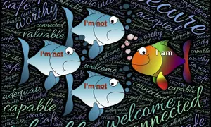 Trzy ryby z napisem "I'm not" i jedna z "I am" na tle słów kluczowych. Uważaj na objawy fałszywej pokory, by nie stać się ofiarą manipulacji duchowej.