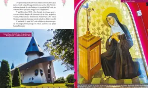 Obraz św. Rity z sanktuarium w Nowym Sączu i nowoczesny kościół Matki Bożej Niepokalanej.
