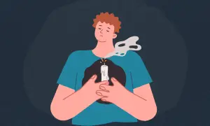 Ilustracja przedstawia postać z płonącą świecą w miejscu serca, z której wydobywa się dym.