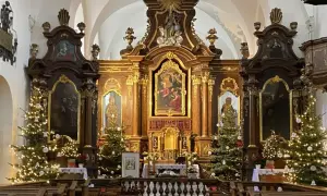 Ołtarz główny kościoła z obrazem Matki Boskiej, ozdobiony choinkami i iluminacjami.