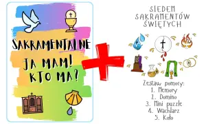 Ilustracja przedstawia symbole siedem sakramentów świętych, w tym chrzest, bierzmowanie, Eucharystię, pokutę, namaszczenie chorych, kapłaństwo i małżeństwo.