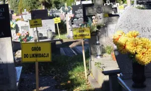 Żółte tabliczki "Grób do likwidacji" na cmentarzu. Oznaczają skutki nieopłacenia grobu po 20 latach i procedurę likwidacji.