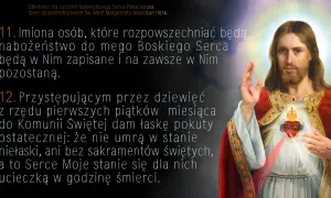 Obietnice dla czcicieli Najświętszego Serca Pana Jezusa. Wizerunek Jezusa z otwartym Sercem, obok tekst obietnic, m.in. o łasce pokuty ostatecznej.