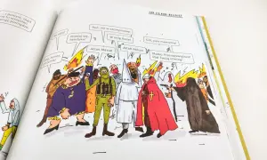 Ilustracja przedstawia chaos i konflikty religijne, ukazując dylematy współczesnego człowieka: jak odróżnić wiarę od religijności w obliczu ekstremizmów.