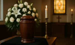 Drewniana urna z kwiatami i świecą. W tle krzyż i witraż. Czy kremacja jest grzechem?