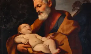 Święty Józef trzyma na rękach Dzieciątko Jezus. Obraz przypomina o modlitwie litania do św Józefa.