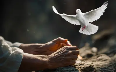 Dłoń wyciągnięta ku białej gołębicy, symbolizującej Ducha Świętego, inspiruje do refleksji, jak czytać pisma święte różnych religii by wzmocnić własną wiarę.