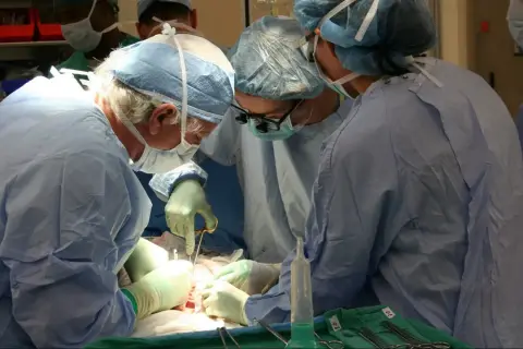 Chirurdzy podczas operacji, która może budzić dylematy etyczne związane z transplantacją organów a religią.