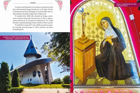Obraz św. Rity z sanktuarium w Nowym Sączu i nowoczesny kościół Matki Bożej Niepokalanej.
