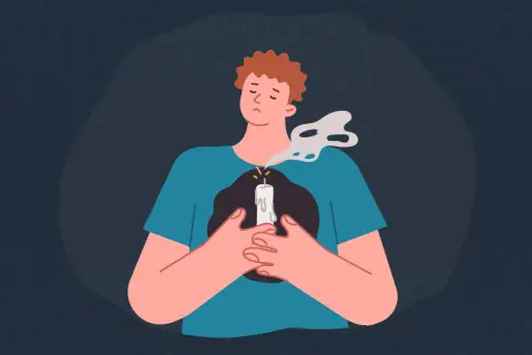 Ilustracja przedstawia postać z płonącą świecą w miejscu serca, z której wydobywa się dym.