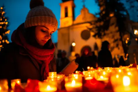 Dziewczyna zamyślona przy świecach, przypomina o tym, jakie są tradycje związane z odwiedzaniem cmentarzy w innych kulturach.