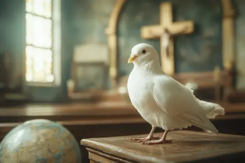 Biały gołąb na tle krzyża i okna. Jak odnaleźć wiarę w dorosłym życiu poradnik dla poszukujących.