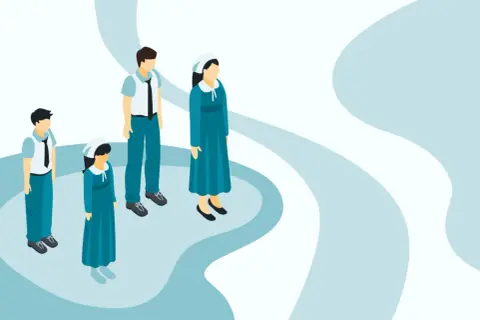 Uważaj na objawy sekciarstwa w ruchach religijnych. Ilustracja przedstawia grupę ludzi w jednolitych strojach, symbolizującą potencjalne zagrożenie.