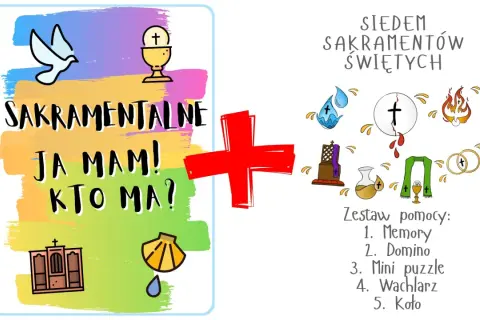 Ilustracja przedstawia symbole siedem sakramentów świętych, w tym chrzest, bierzmowanie, Eucharystię, pokutę, namaszczenie chorych, kapłaństwo i małżeństwo.