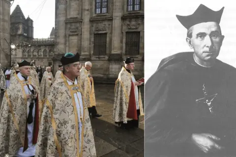 Duchowni w strojach liturgicznych i portret biskupa w birecie.