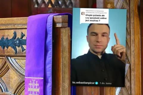 Ksiądz odpowiada na pytanie: czy spowiedź przez telefon lub internet jest możliwa i ważna? Fioletowa stuła na drewnianym elemencie kościelnym.