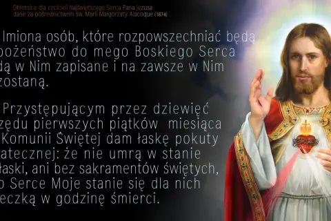 Obietnice dla czcicieli Najświętszego Serca Pana Jezusa. Wizerunek Jezusa z otwartym Sercem, obok tekst obietnic, m.in. o łasce pokuty ostatecznej.