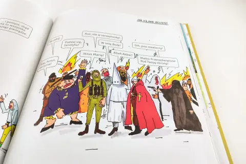Ilustracja przedstawia chaos i konflikty religijne, ukazując dylematy współczesnego człowieka: jak odróżnić wiarę od religijności w obliczu ekstremizmów.