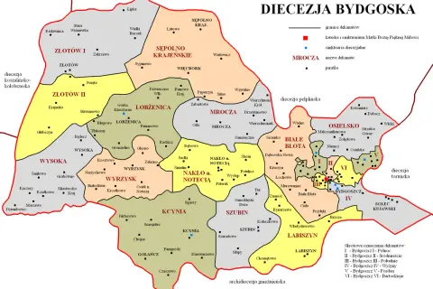 Mapa Diecezji Bydgoskiej. Jak sprawdzić czy parafia należy do konkretnej diecezji? Mapa pokazuje granice dekanatów i parafie.