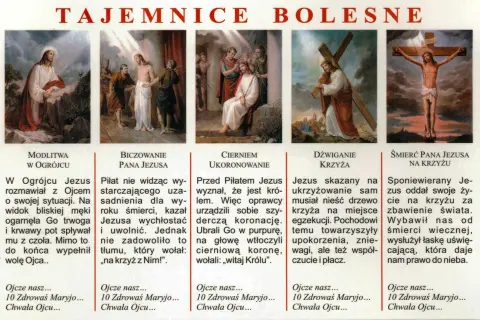 Obraz przedstawia pięć scen z życia Jezusa, ilustrujących tajemnice różańca bolesne: modlitwę w Ogrójcu, biczowanie, koronowanie cierniem, dźwiganie krzyża i śmierć na krzyżu.