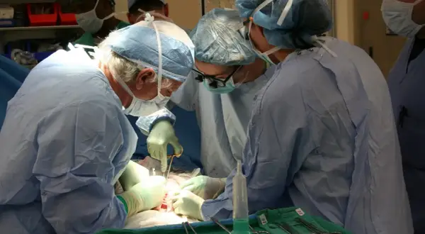 Chirurdzy podczas operacji, która może budzić dylematy etyczne związane z transplantacją organów a religią.