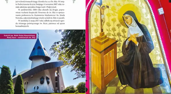 Obraz św. Rity z sanktuarium w Nowym Sączu i nowoczesny kościół Matki Bożej Niepokalanej.