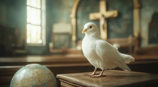 Biały gołąb na tle krzyża i okna. Jak odnaleźć wiarę w dorosłym życiu poradnik dla poszukujących.