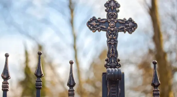 Krzyż na metalowym ogrodzeniu, symboliczne pytanie: jak pogodzić teorię ewolucji z opisem stworzenia świata w biblii?
