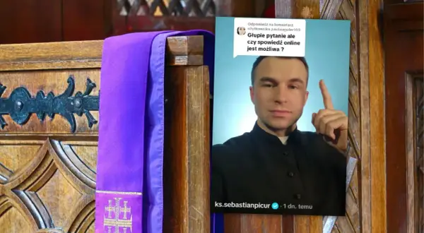 Ksiądz odpowiada na pytanie: czy spowiedź przez telefon lub internet jest możliwa i ważna? Fioletowa stuła na drewnianym elemencie kościelnym.