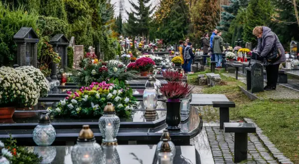 Cmentarz z grobami i kwiatami. Wyszukiwarki grobonet pomagają jak odnaleźć grób bliskiej osoby przez internet.