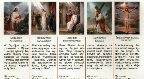 Obraz przedstawia pięć scen z życia Jezusa, ilustrujących tajemnice różańca bolesne: modlitwę w Ogrójcu, biczowanie, koronowanie cierniem, dźwiganie krzyża i śmierć na krzyżu.