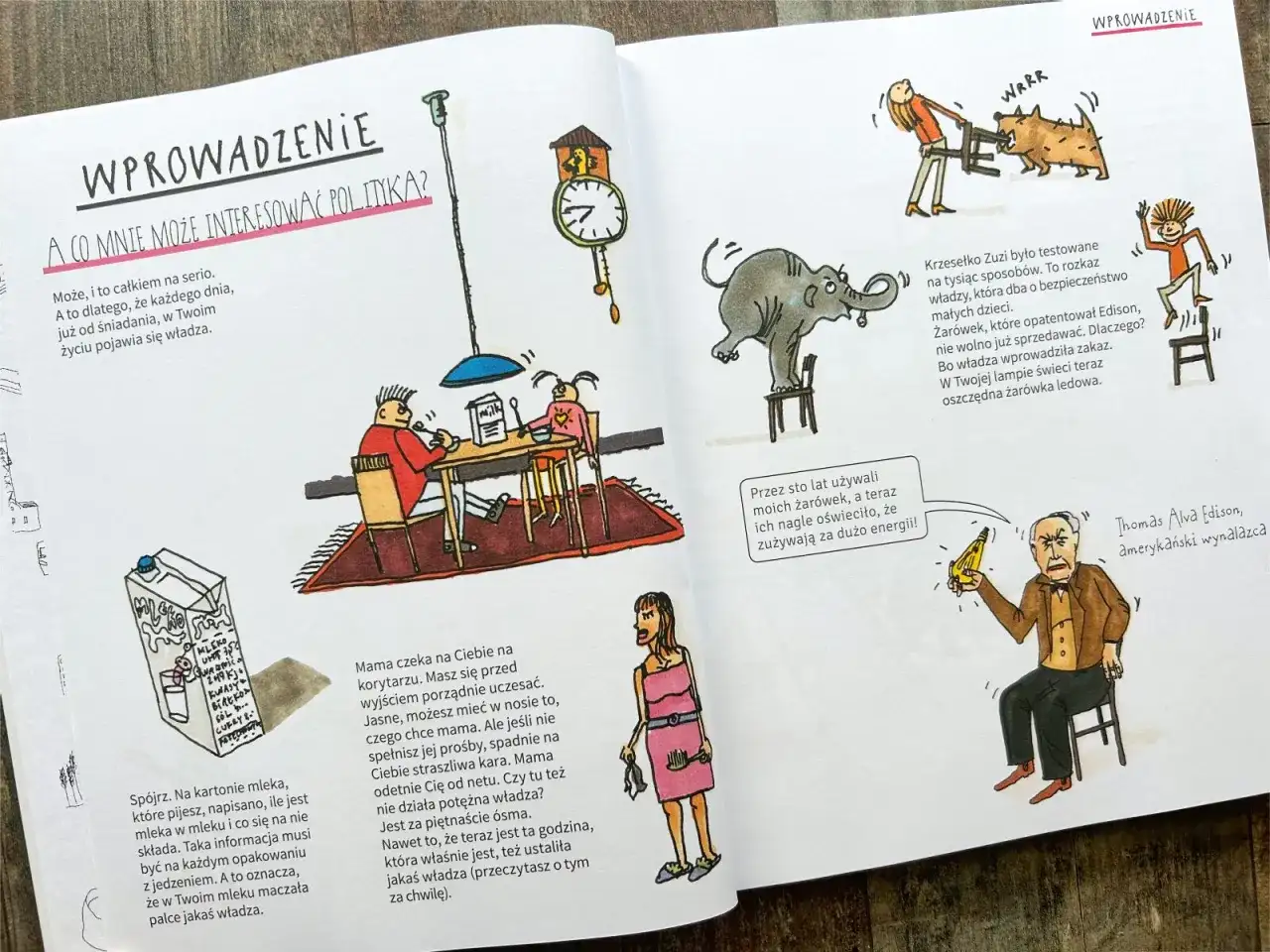 Dylemat angażowania się kościoła w politykę z perspektywy wiernego. Ilustracje pokazują rodzinę przy stole, słonia na krześle, psa i człowieka, a także Thomasa Edisona.