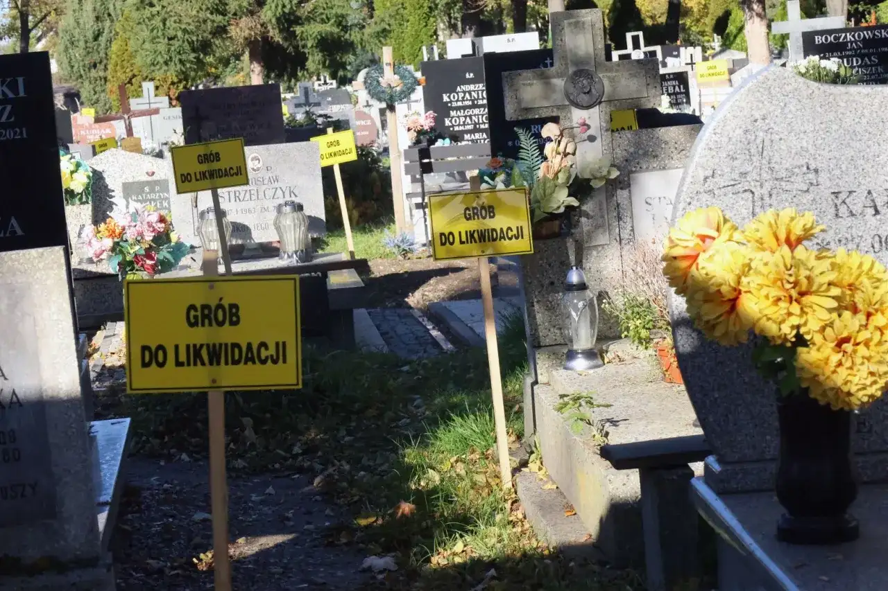 Żółte tabliczki "Grób do likwidacji" na cmentarzu. Oznaczają skutki nieopłacenia grobu po 20 latach i procedurę likwidacji.
