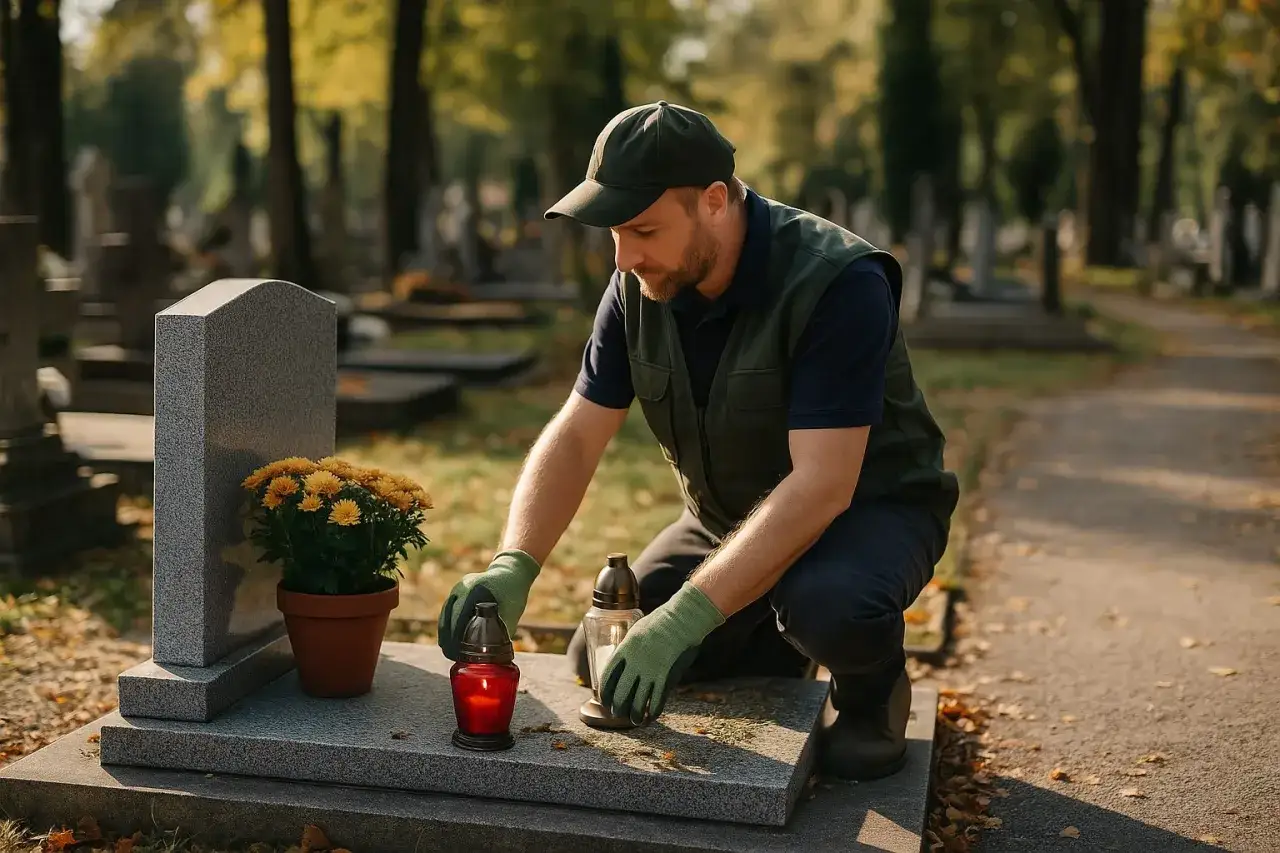 Mężczyzna w rękawiczkach dba o grób, zapalając znicze. Przypomina to o skutkach nieopłacenia grobu po 20 latach i procedurze likwidacji.