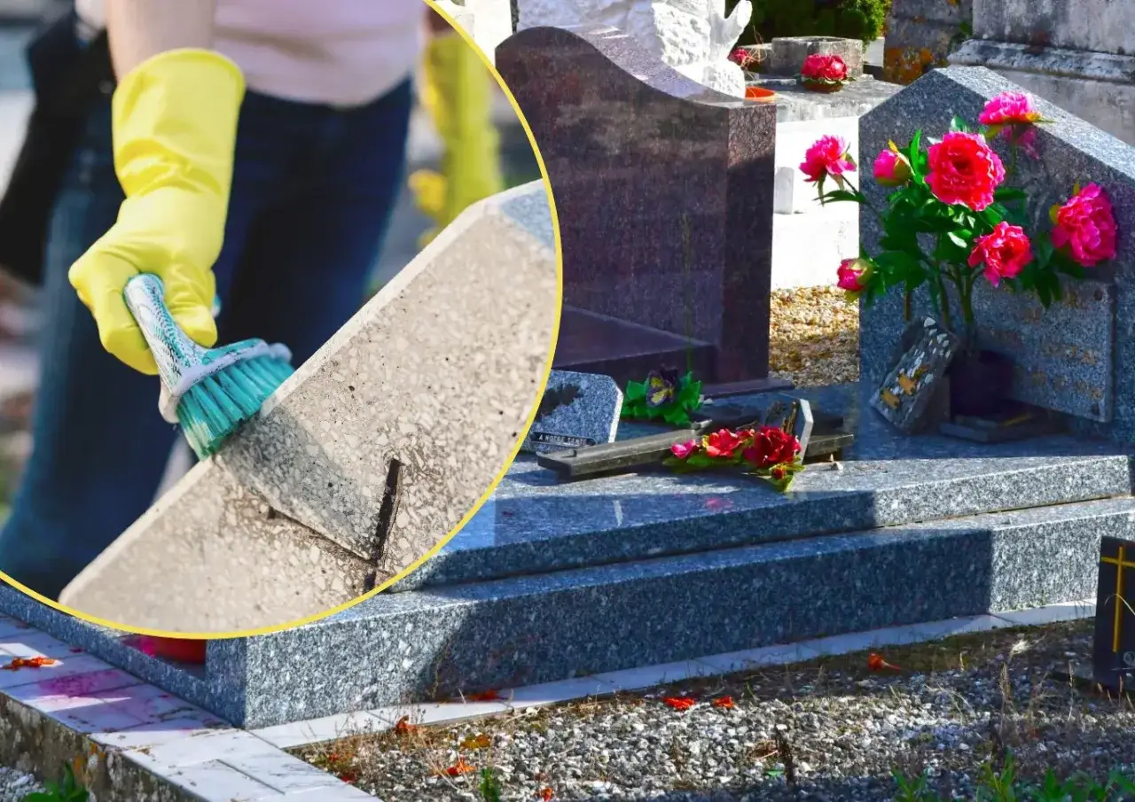 Delikatne czyszczenie nagrobka: jak usunąć wosk ze zniczy z płyty nagrobnej bez porysowania, używając miękkiej szczoteczki.