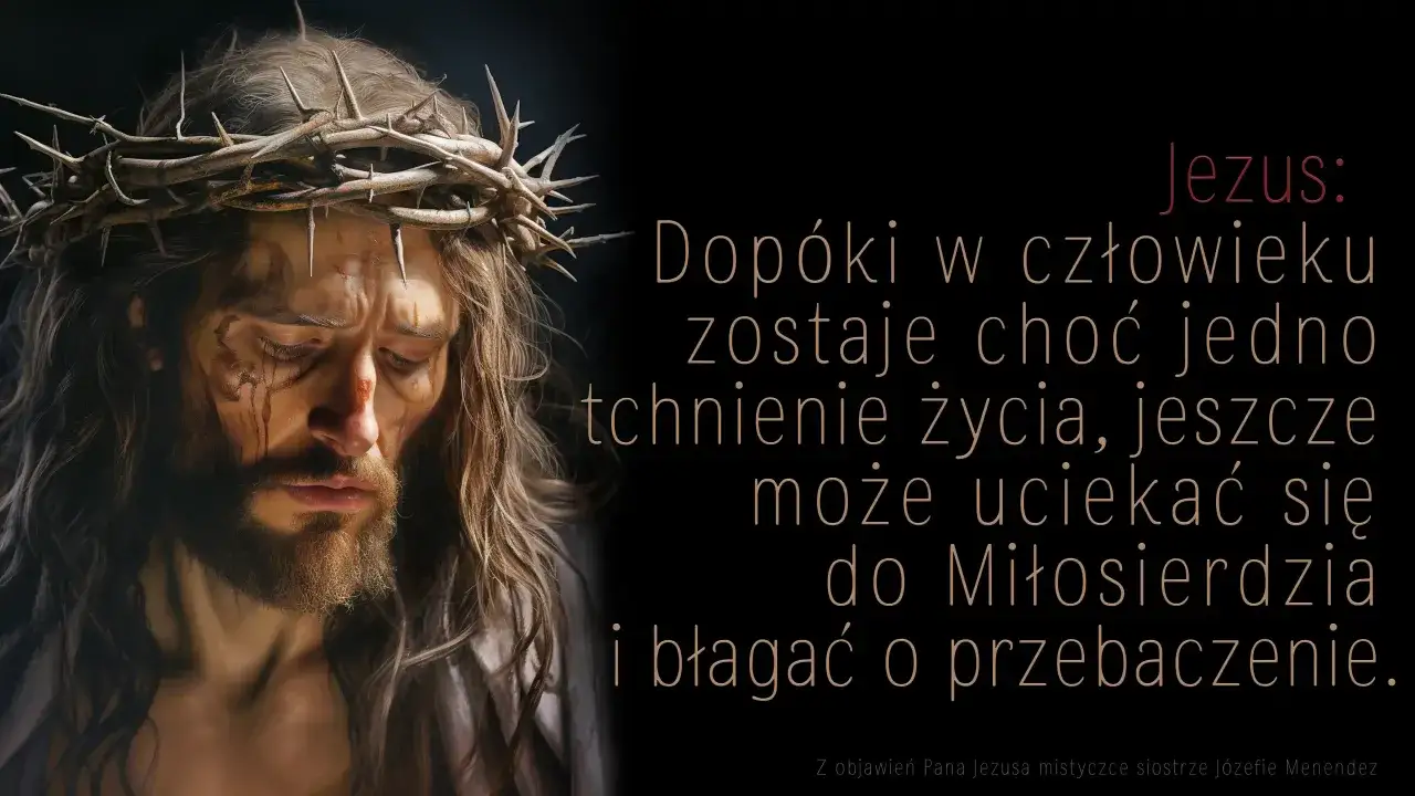 Jezus w koronie cierniowej, z krwawymi łzami. Cytat: 