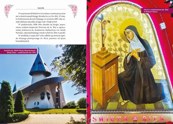 Obraz św. Rity z sanktuarium w Nowym Sączu i nowoczesny kościół Matki Bożej Niepokalanej.