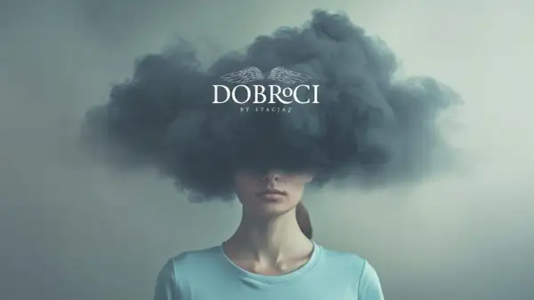 Kobieta z burzą nad głową symbolizuje chaos. Szukaj objawów duchowego pokoju, by odnaleźć spokój mimo trudności.