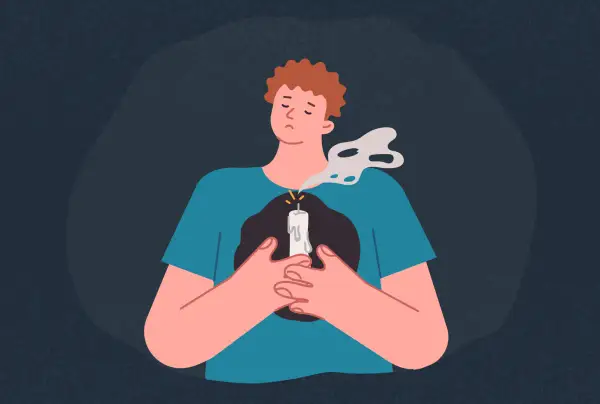 Ilustracja przedstawia postać z płonącą świecą w miejscu serca, z której wydobywa się dym.