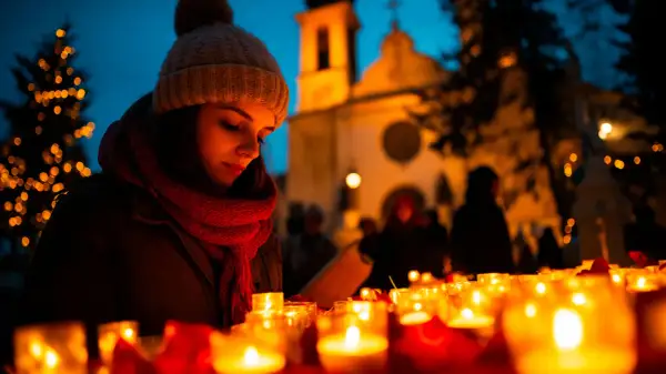 Dziewczyna zamyślona przy świecach, przypomina o tym, jakie są tradycje związane z odwiedzaniem cmentarzy w innych kulturach.