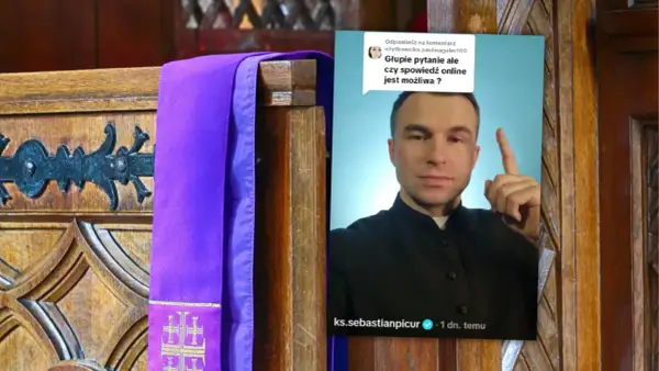 Ksiądz odpowiada na pytanie: czy spowiedź przez telefon lub internet jest możliwa i ważna? Fioletowa stuła na drewnianym elemencie kościelnym.