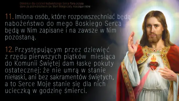 Obietnice dla czcicieli Najświętszego Serca Pana Jezusa. Wizerunek Jezusa z otwartym Sercem, obok tekst obietnic, m.in. o łasce pokuty ostatecznej.