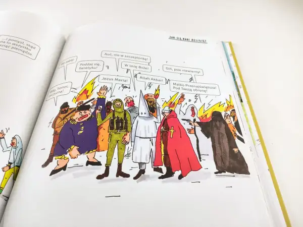 Ilustracja przedstawia chaos i konflikty religijne, ukazując dylematy współczesnego człowieka: jak odróżnić wiarę od religijności w obliczu ekstremizmów.