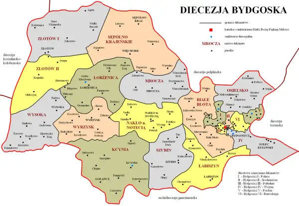 Mapa Diecezji Bydgoskiej. Jak sprawdzić czy parafia należy do konkretnej diecezji? Mapa pokazuje granice dekanatów i parafie.
